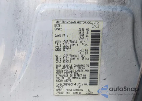 2012 Nissan Frontier Sl z USA, uszkodzony, nr VIN 1N6AD0EV8CC431246